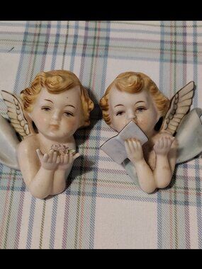 Vintage Ceramic/porcelain Angel Figurines Set of 2 Wall Decor Matte Finish